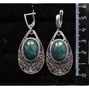 Серьги из яшмы зеленой, филигрань, ручная работа, камень овал 18х13мм, швензы посеребрение