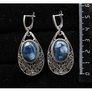 Серьги из кианита (кабошон-мозаика), филигрань, ручная работа, камень овал 18х13мм, швензы посеребрение