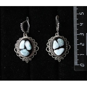 Cерьги из ларимара (кабошон-мозаика) овал 18х13мм, оправа "трилистник", швензы посеребрение