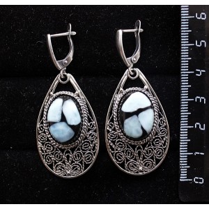 Серьги из ларимара (кабошон-мозаика), филигрань, ручная работа, камень овал 18х13мм, швензы посеребрение