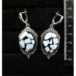 Серьги из ларимара (кабошон-мозаика), овал 25х18мм, оправа "медальон", швензы посеребрение