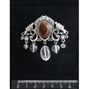 Брошь из янтаря темного (кабошон-мозаика) "трюмо", овал 18х13мм, со стразами и подвесками из горного хрусталя