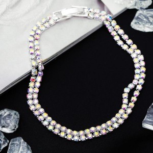 Браслет со стразами "Лёд" элегантность, 2 ряда, цвет радужный, цвет серебристый