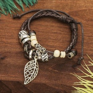 Браслет кожа "Лист" резной, 2 нити, цвет бело-коричневый