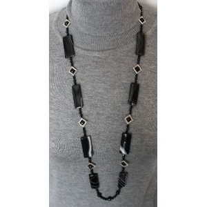 Колье длинное 88см из агата черного, прямоугольник 40х15мм + шарик 8мм огранка