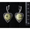 Серьги из змеевика "сердечко", круг 18мм, швензы посеребрение