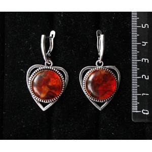 Серьги из янтаря темного (кабошон-мозаика), "сердечко", круг 18мм, швензы посеребрение