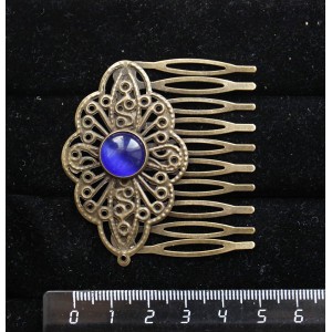 Заколка-шпилька из кошачьего глаза (синт.), цвет синий индиго, круг 12мм, основа цвет бронза с узором
