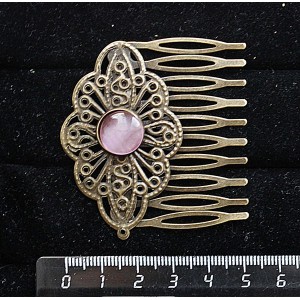 Заколка-шпилька из кошачьего глаза (синт.), цвет розовый, круг 12мм, основа цвет бронза с узором