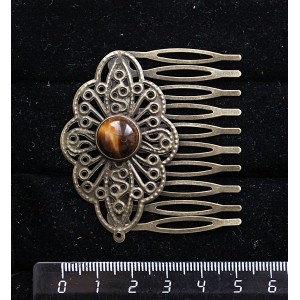 Заколка-шпилька из тигрового глаза, круг 12мм, основа цвет бронза с узором