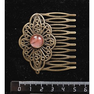Заколка-шпилька из халцедона розового, круг 12мм, основа цвет бронза с узором
