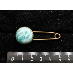 Брошь-булавка с амазонитом, круг 18мм, цвет бронза