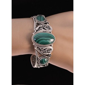 Браслет из малахита, филигрань, ручная работа, овал и 2 круга