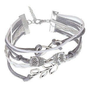 Браслет кожа "Совушки" 5 нитей, цвет бело-серый