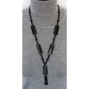 Колье-галстук из агата черного 66см, прямоугольник длинный, шарик 8 и 6мм
