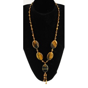 Колье-галстук из тигрового глаза, овал 24х34мм + шарик 6мм