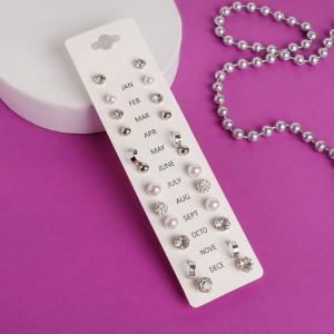 Пусеты 12 пар One year, строгий стиль, цвет белый, цвет серебристый