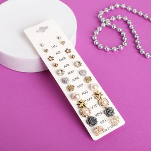 Пусеты 12 пар One year, романтика, цвет бело-серый, цвет золотистый