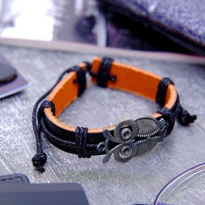 Браслет кожа "Стиль" сова, цвет чёрный, цвет серебристый