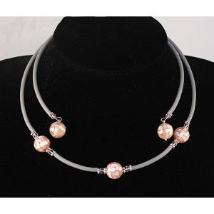 Колье из перламутра розового на струнке, шарик-мозаика 12мм