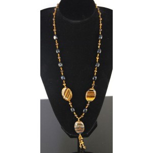 Колье-галстук из тигрового глаза и агата черного (кубик), овал 24х34мм + шарик 6мм