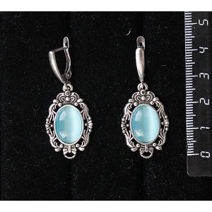 Серьги из кошачьчего глаза (синт.), цвет голубой, "принцесса", овал 14х10мм, швензы посеребрение