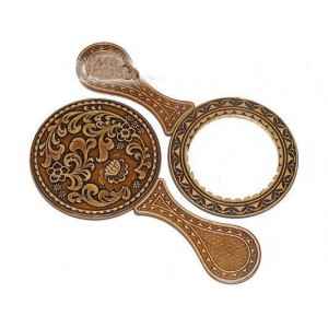 Зеркало береста круглое 160х85мм с ручкой "райская птица"