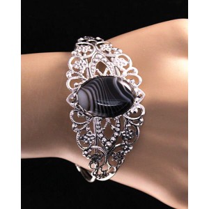 Браслет из агата черного, овал 25х18мм, жесткая основа цвет ант.серебро