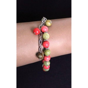 Браслет из коралла розового и оникса, шарик 8мм с подвеской