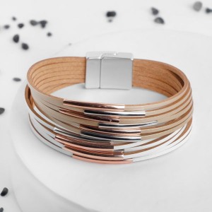 Браслет кожа "На магните" сплошные линии с дугой, 18,5см, цвет бело-бежевый