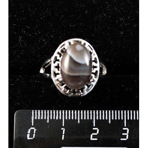 Кольцо c агатом серо-коричневым, греческое, родиум, 14х10мм