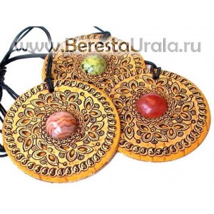 Кулон береста круг с большим камнем