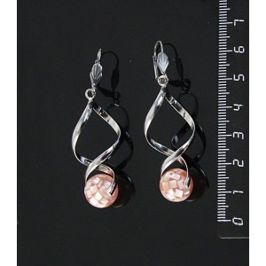 Серьги из перламутра розового, мозаика, коннектор "спираль", шарик 12мм