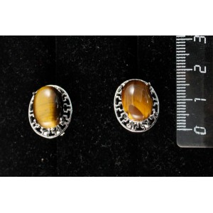 Серьги из тигрового глаза, "греческие", родиум, 14х10мм, замок гвоздик+лапка