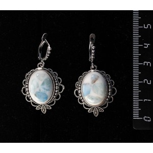 Cерьги из ларимара, кабошон-мозаика, овал 18х13мм, основа "трилистник", швензы посеребрение