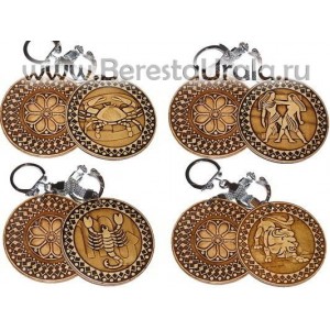 Брелок береста круглый "Знаки Зодиака" (комплект 12штук)
