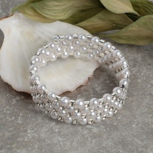 Браслет жемчуг "Пружинка" стразинки, шар 6, 6см, цвет белый, цвет серебристый