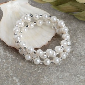 Браслет жемчуг "Пружинка" стразинки, шар 8, 6см, цвет белый, цвет серебристый