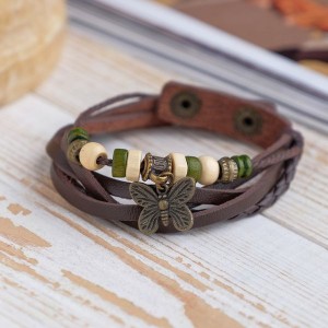 Браслет кожа "Бабочка малая" хиппи, цвет коричневый (дерево, кожа, текстиль, бижутерный сплав)
