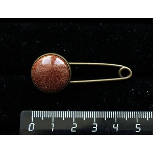 Брошь-булавка с авантюрином красным (синт.), круг 18мм, цвет бронза