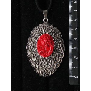 Кулон из крафтовой смолы, цвет красный, кабошон "камея", овал 25х18мм, филигрань