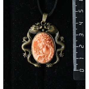 Кулон из крафтовой смолы, цвет оранжевый, кабошон "камея", овал 25х18мм, цвет бронза "2 дракона"