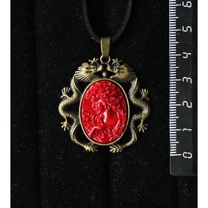 Кулон из крафтовой смолы, цвет красный, кабошон "камея", овал 25х18мм, цвет бронза "2 дракона"