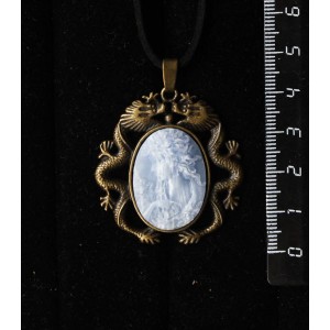 Кулон из крафтовой смолы, цвет голубой, кабошон "камея", овал 25х18мм, цвет бронза "2 дракона"