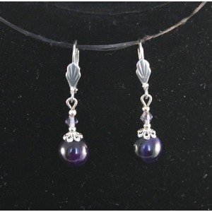 Серьги из агата фиолетового (тонировка), шапочка "ромашка", шарик 10мм