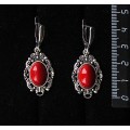 Серьги из коралла красного (иск.), "принцесса", овал 14х10мм, швензы посеребрение