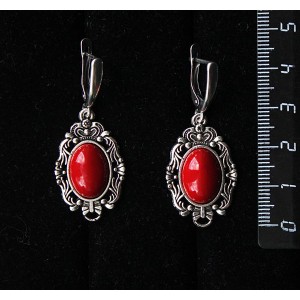 Серьги из коралла красного (иск.), "принцесса", овал 14х10мм, швензы посеребрение