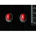 Серьги из коралла красного (иск.), "греческие", родиум, 14х10мм, замок гвоздик+лапка
