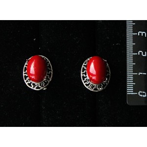 Серьги из коралла красного (иск.), "греческие", родиум, 14х10мм, замок гвоздик+лапка