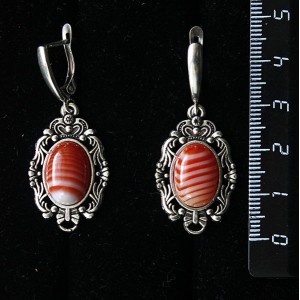 Серьги из cердолика полосатого, "принцесса", овал 14х10мм, швензы посеребрение